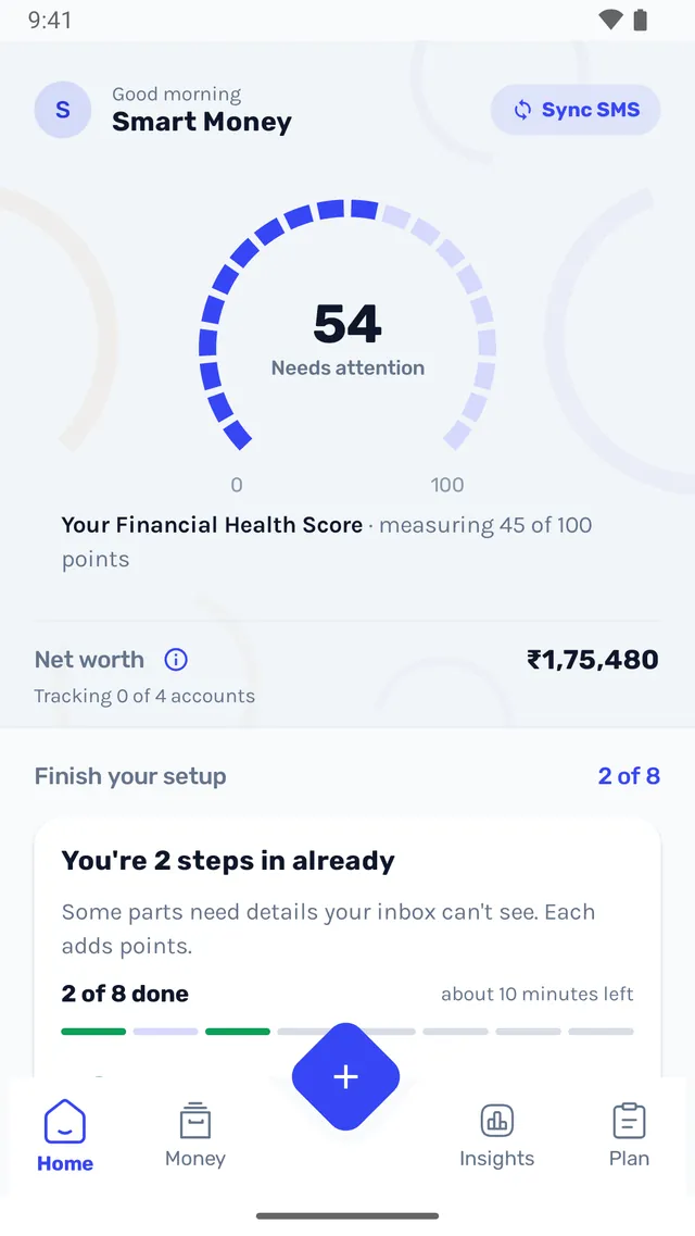 WellthIQ home screen: Financial Health Score 54, net worth ₹1,75,480 and setup progress.