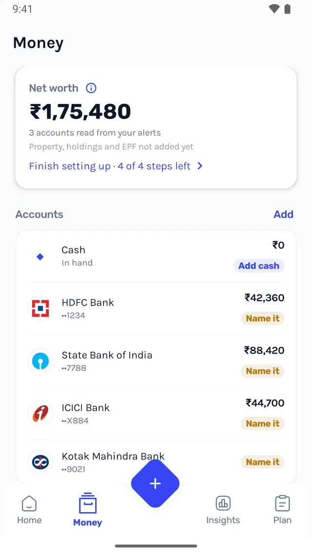 WellthIQ money screen: net worth ₹1,75,480 and bank accounts read from SMS alerts.