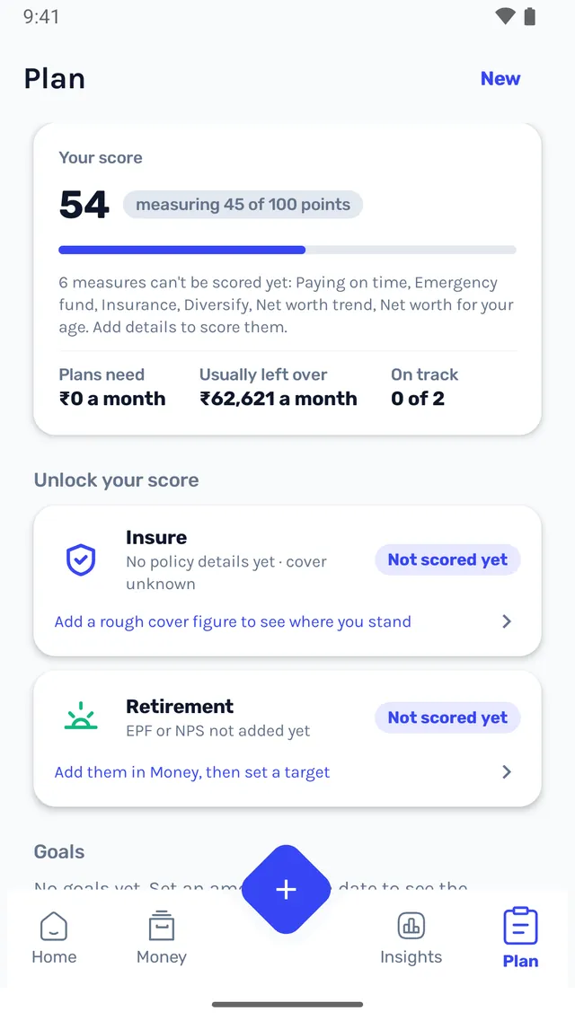 WellthIQ plan screen: score 54, what is usually left over each month, and what to unlock next.