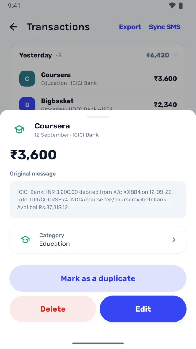 WellthIQ transaction detail: a ₹3,600 Coursera payment with the ICICI Bank SMS it was read from, and its category.