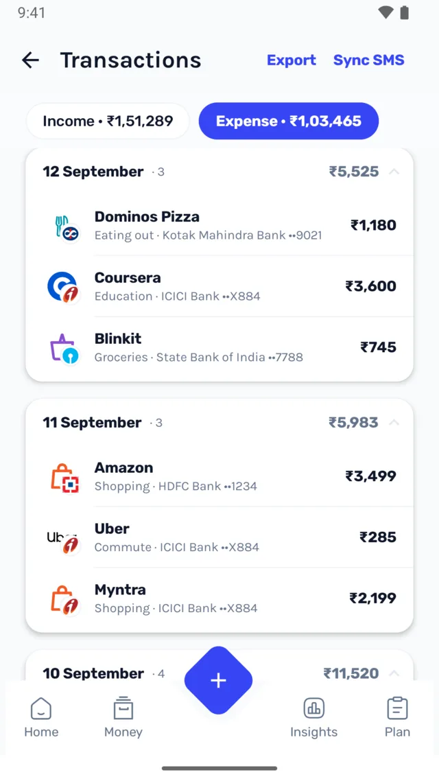 WellthIQ transactions list grouped by day, each with merchant, category and bank, expenses totalling ₹1,03,465.
